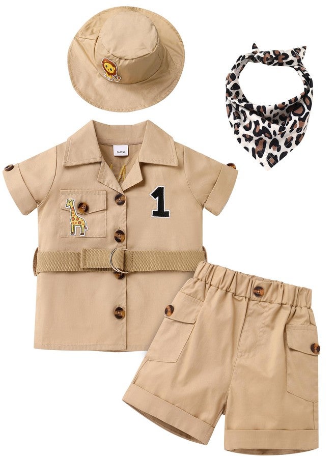 OBEEII Toddler Baby Boys Safari Outfit Infant Explorer Wild 1st Birthday Short Sleeve T-shirt Top Shorts Set Giraffe Zoo Keeper Jungle Cake Smash Photoshoot Outfits + Hat + Belt Khaki 12-18 Months - Image 1
